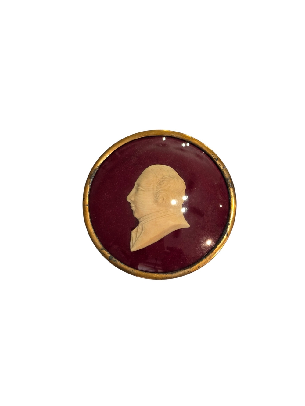 Antique Wax Plaque in Burgundy and Brass Trim